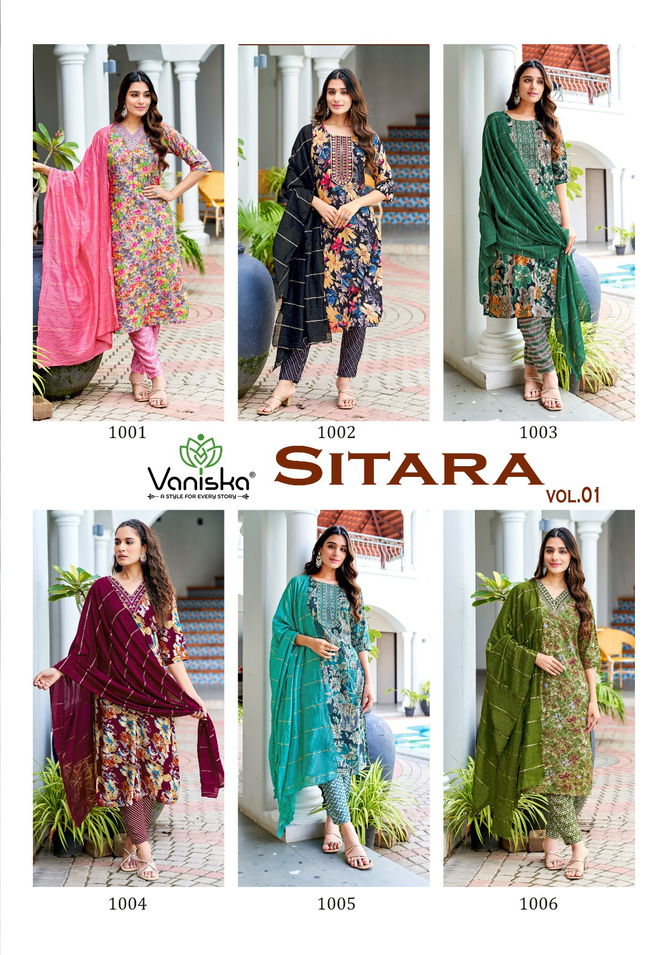 Sitara Vol 1 By Vaniska Rayon Foil Printed Kurti With Bottom Dupatta Wholesale Shop In Surat
